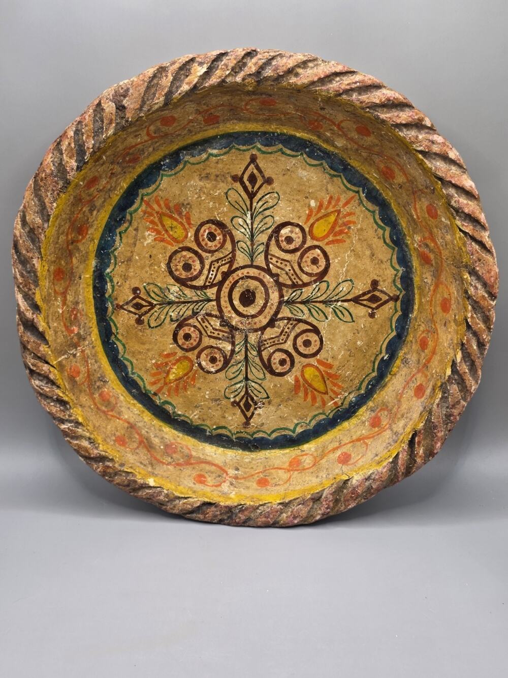 Vintage Mexican Folk Art Paper Mache Bowl Hand Painted Rope Rim Charger Plate